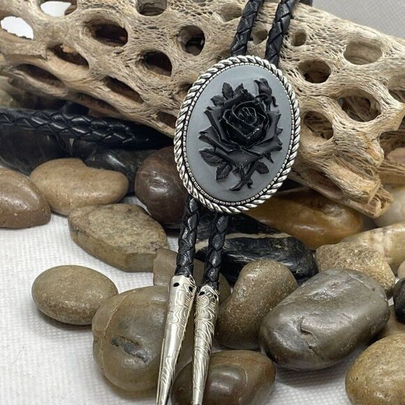 Black Gray Rose Wedding Cameo Pendant Bolo Lariat Tie Victorian Fathers day dad - Picture 4 of 8